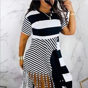 Tassels Hem Stripe Print Short Sleeve Dress